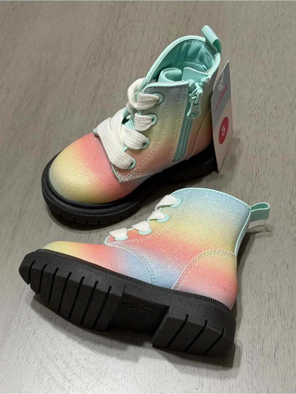 Kids 5c Rainbow Glitter Lace-Up Boots with Side Zip